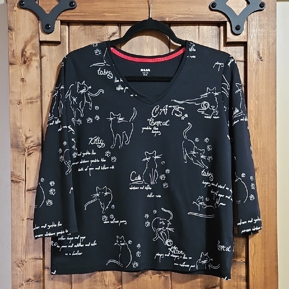 Alia Black White Cotton Blend Cat Shirt Size LP